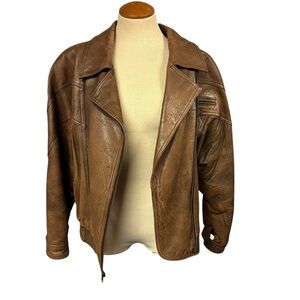 Men's Classic Brown Leather Bomber Jacket Vintage Mixed Blues Moto 80s 90s Y2K